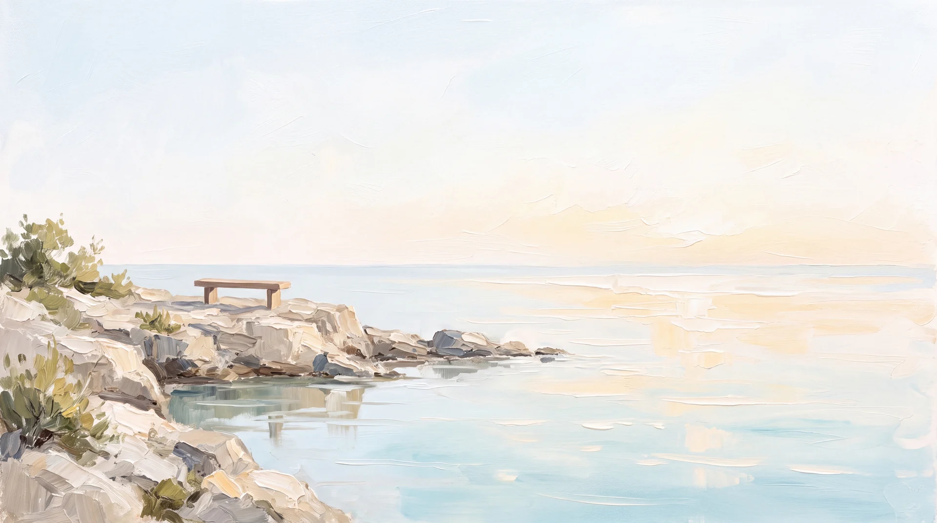 A quiet bench above still water, with a wide, pale horizon.