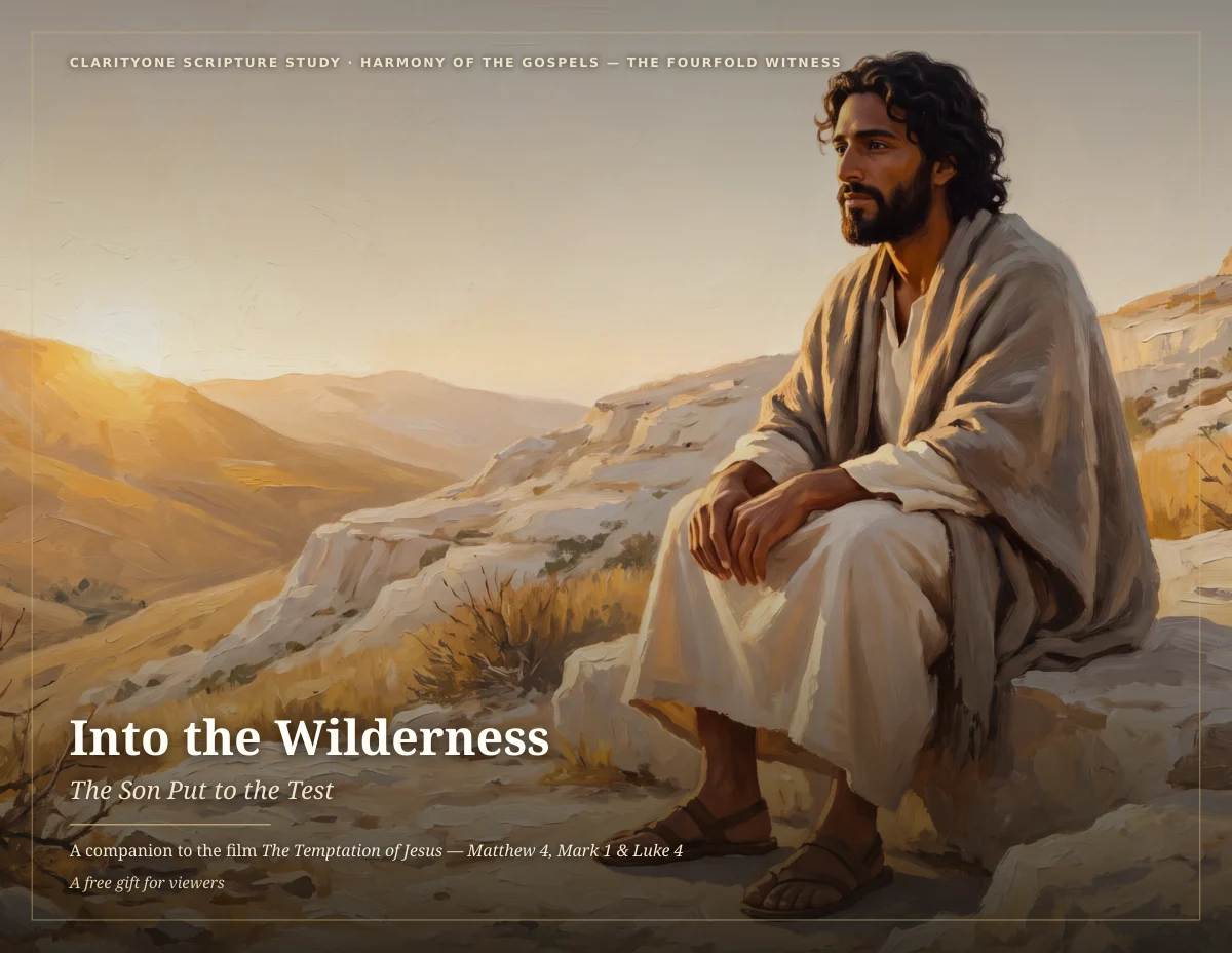 Into the Wilderness booklet cover: Jesus seated on a rock above a sunlit desert valley.