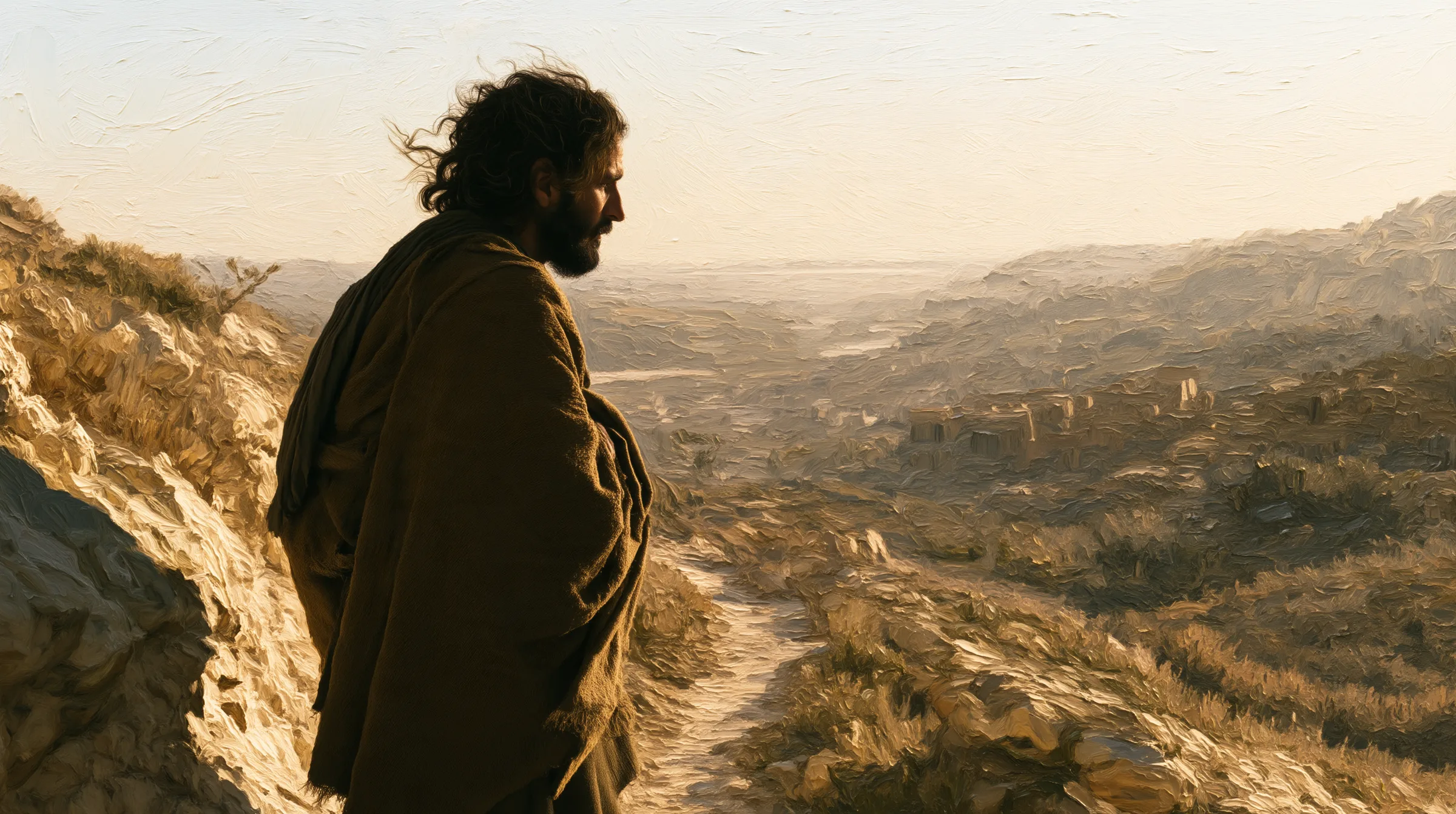 Yeshua looking out over a wilderness path at first light