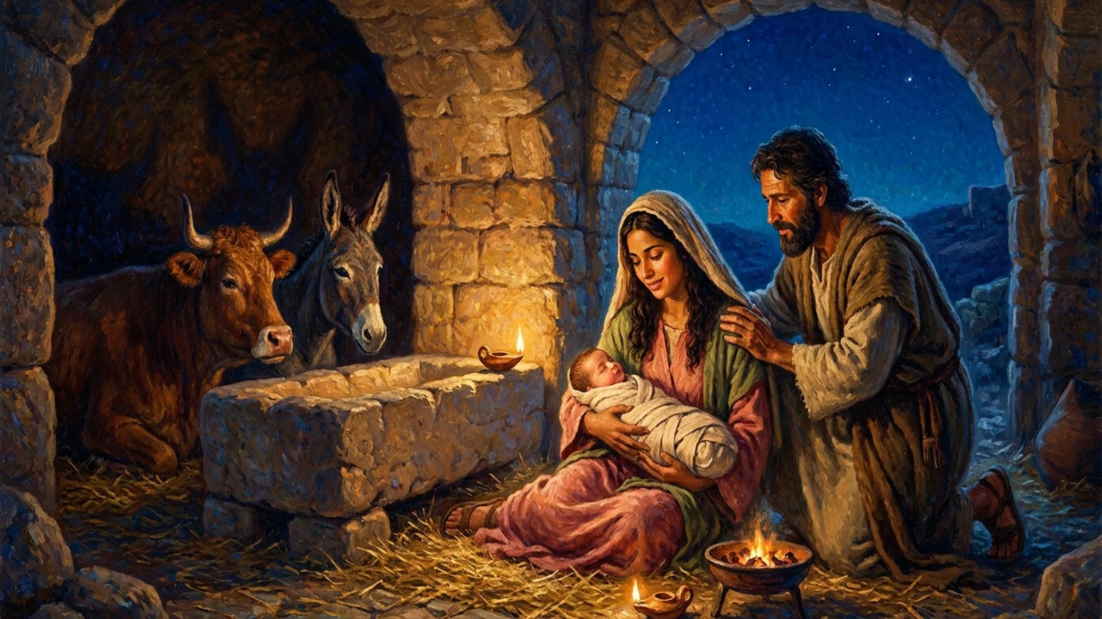 Mary and Joseph beside the newborn Jesus in Bethlehem.