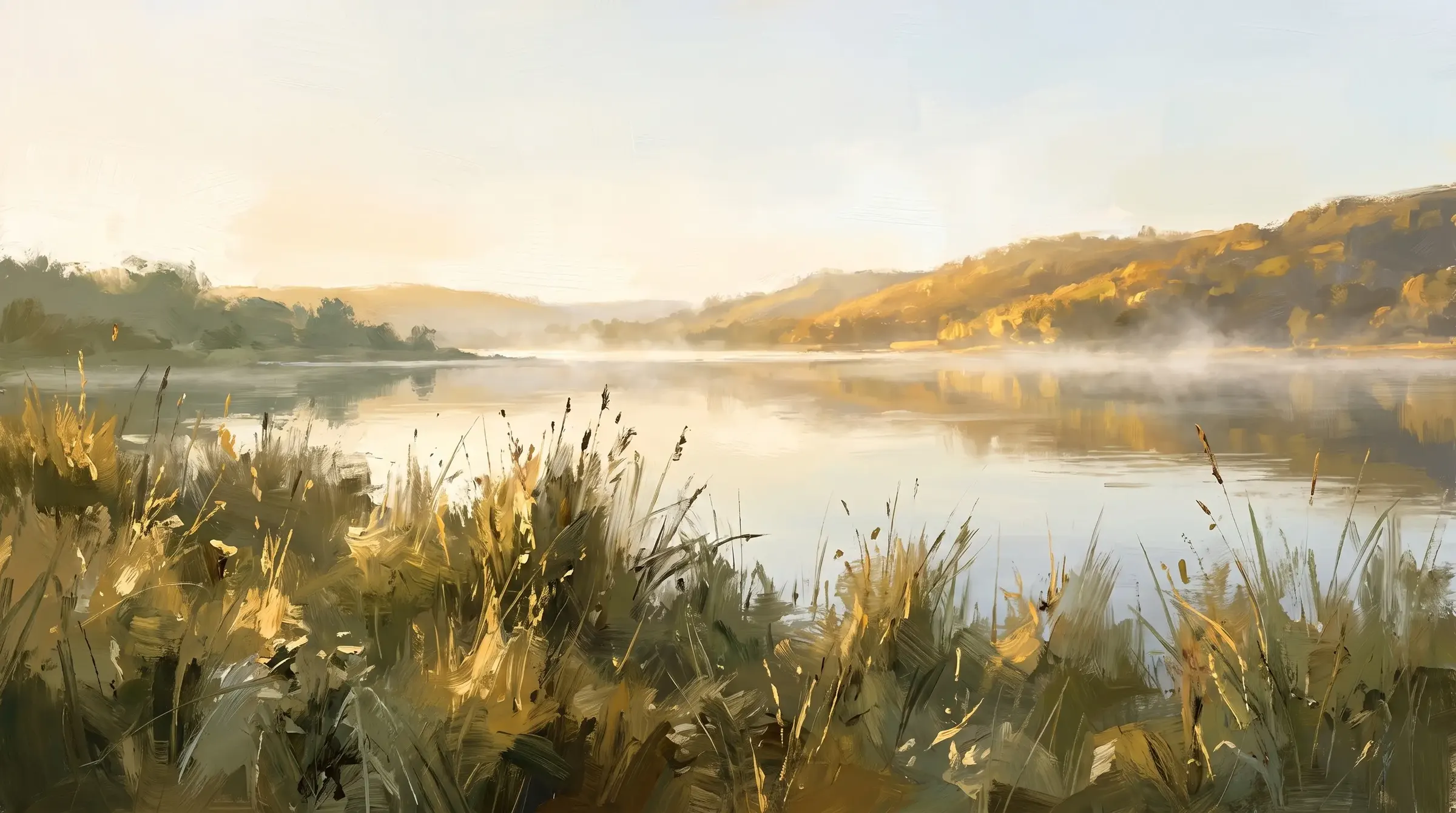 Oil painting of a sunlit lake with morning mist, golden hills and reeds along the near shore.