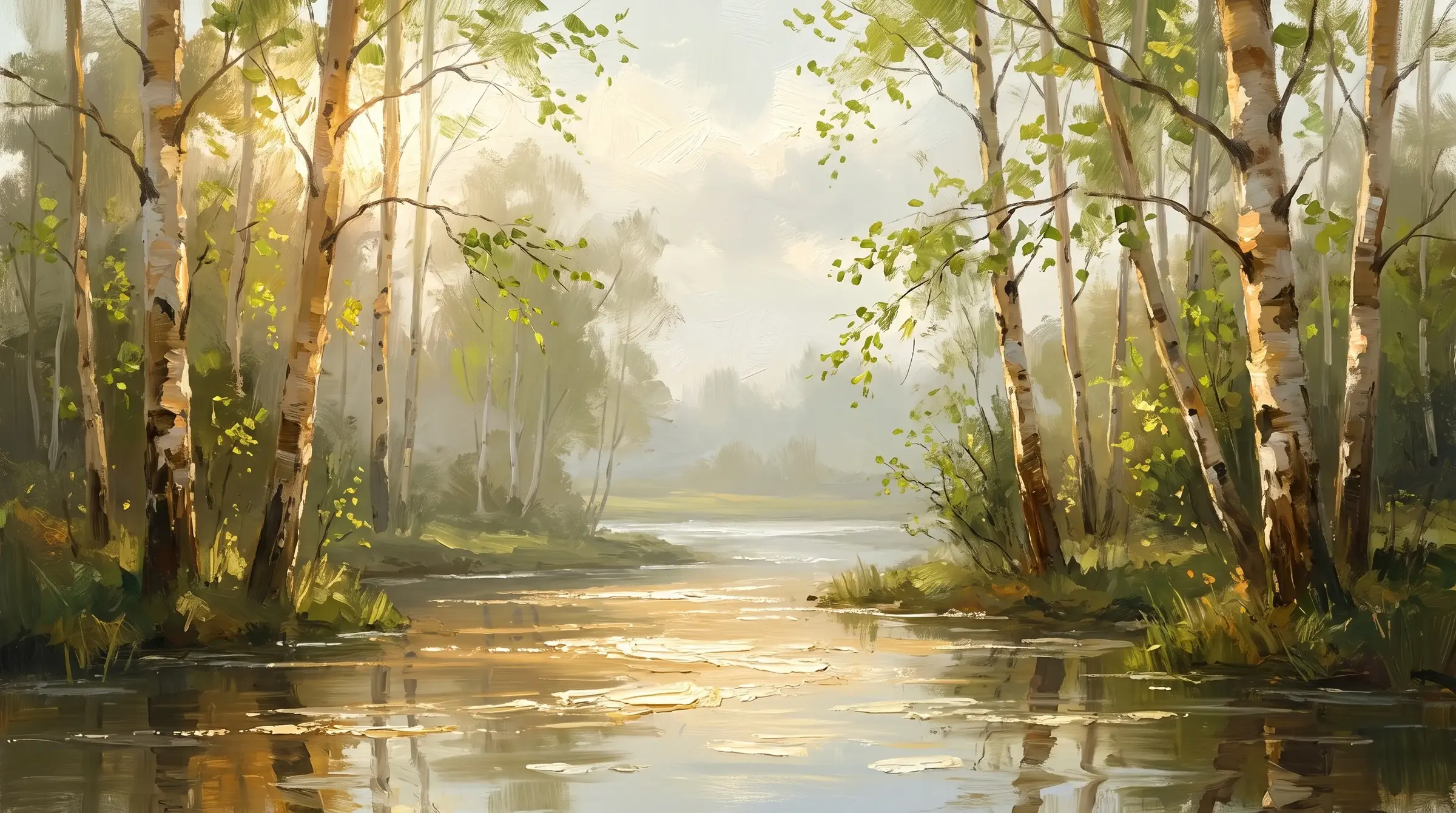 Oil painting of morning light falling on a stream between birch trees.