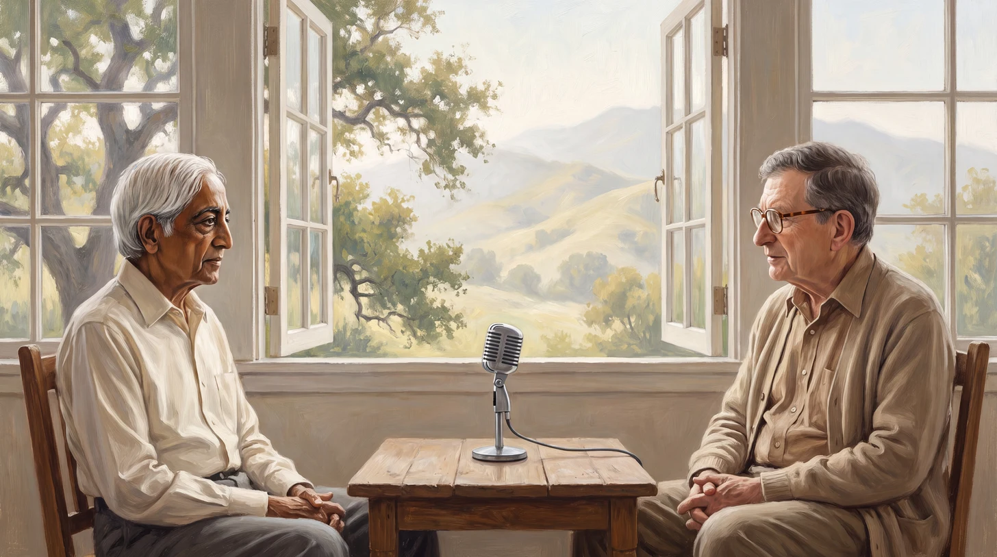 Krishnamurti and David Bohm talking together in a sunlit Ojai room