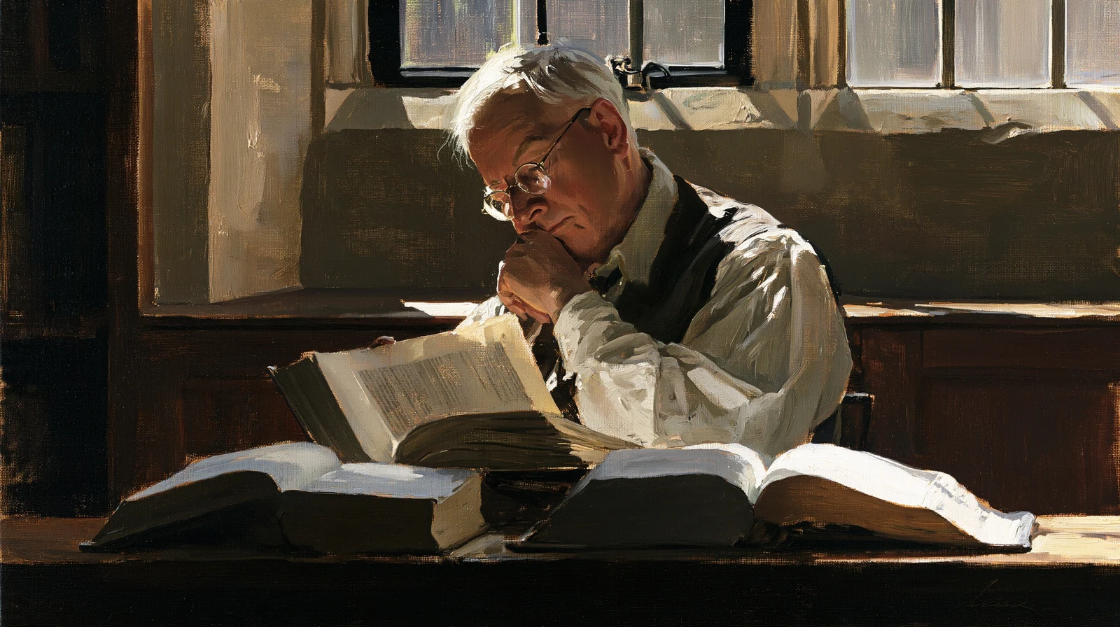 An older reader studying open books at a wooden desk.