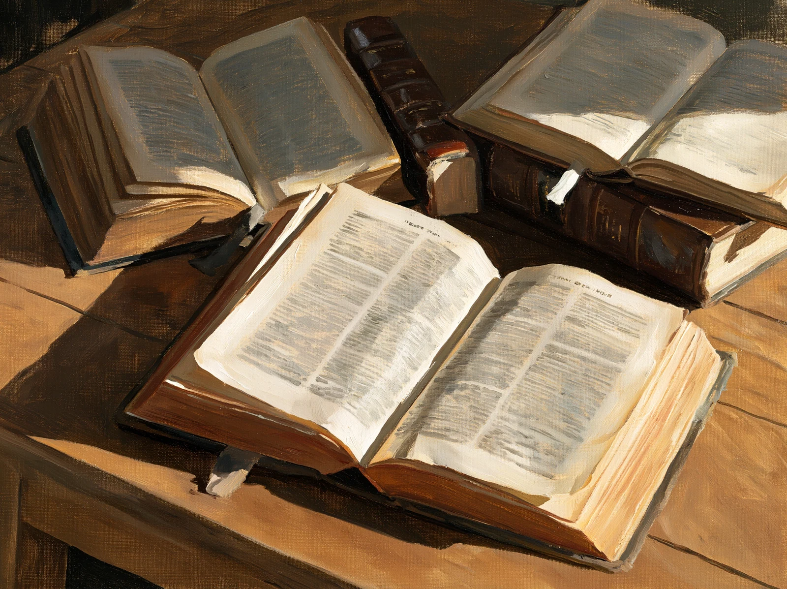 Three open books on a wooden table in warm light.
