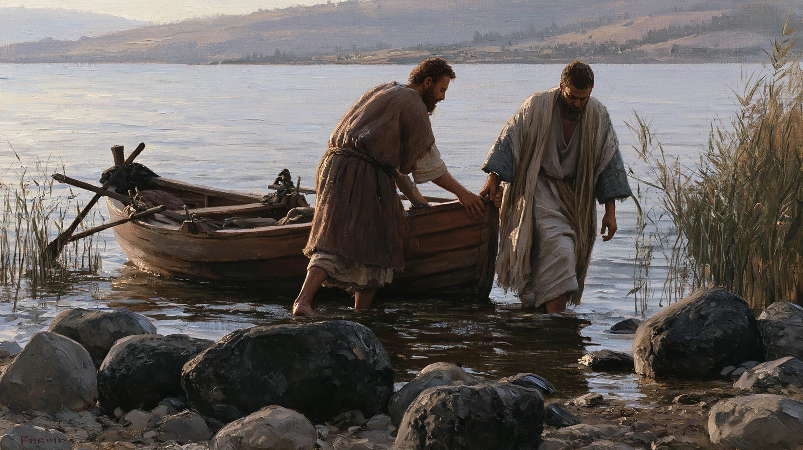 A painted scene of two fishermen and a boat on a stony shore.