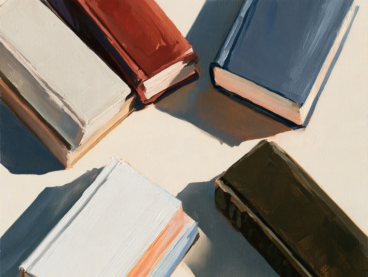 Four clothbound books arranged around the clear centre of a reading table.