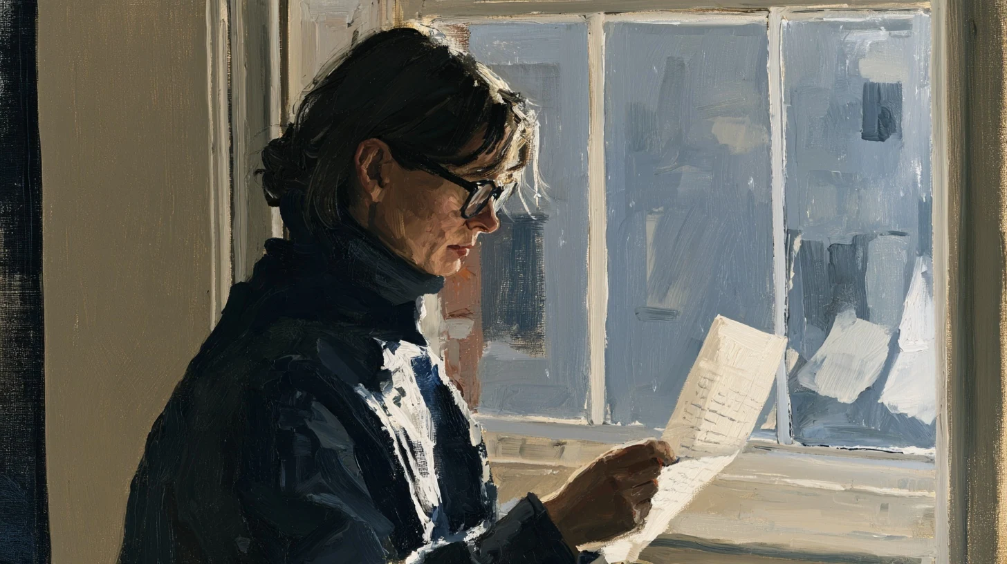 A woman with glasses reading a letter beside a window.
