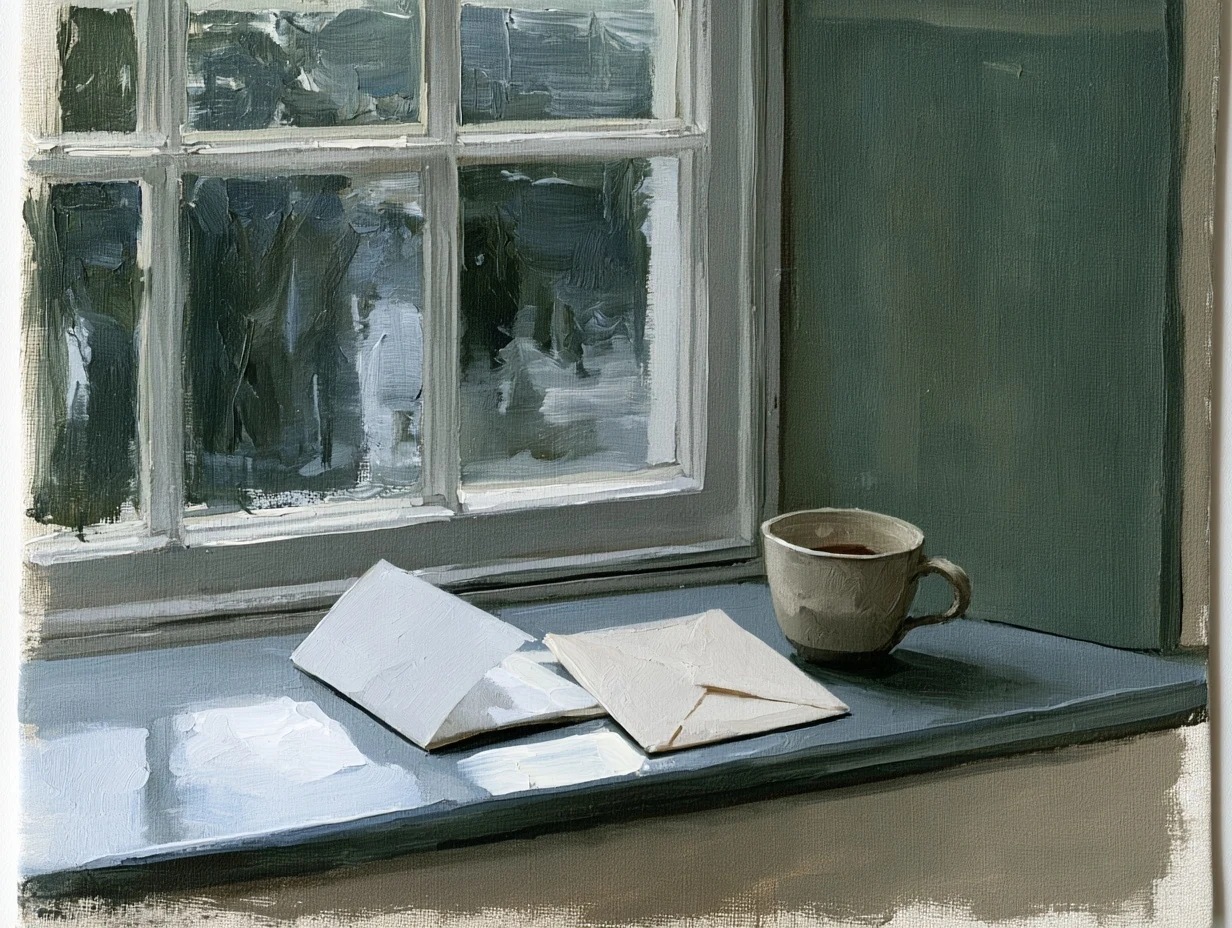 Folded letters and a cup on a windowsill.