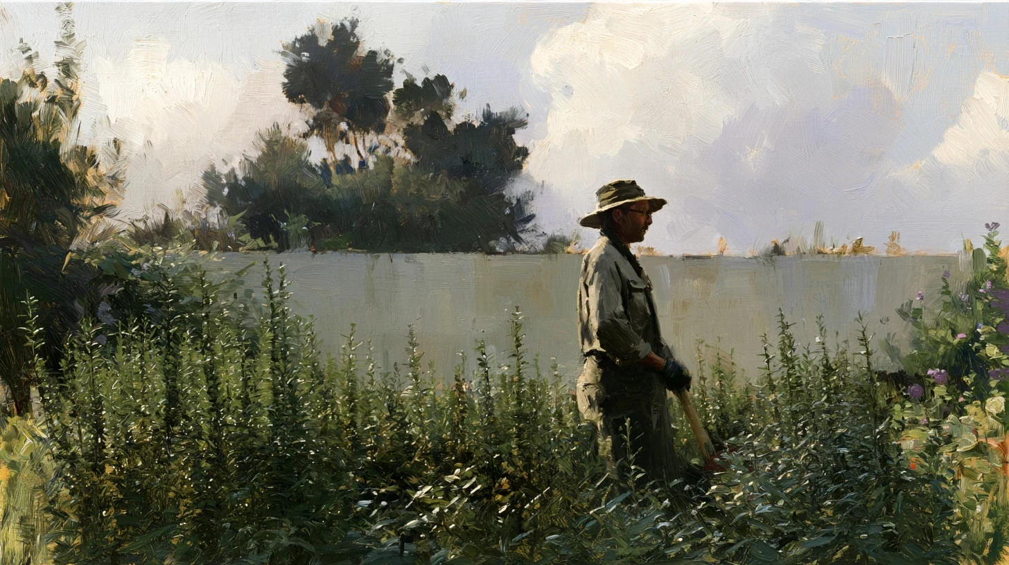 A gardener walking among plants beside a white garden wall.