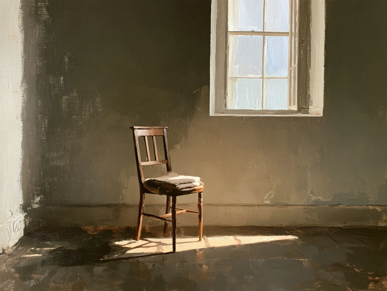 A single wooden chair in a pool of window light.
