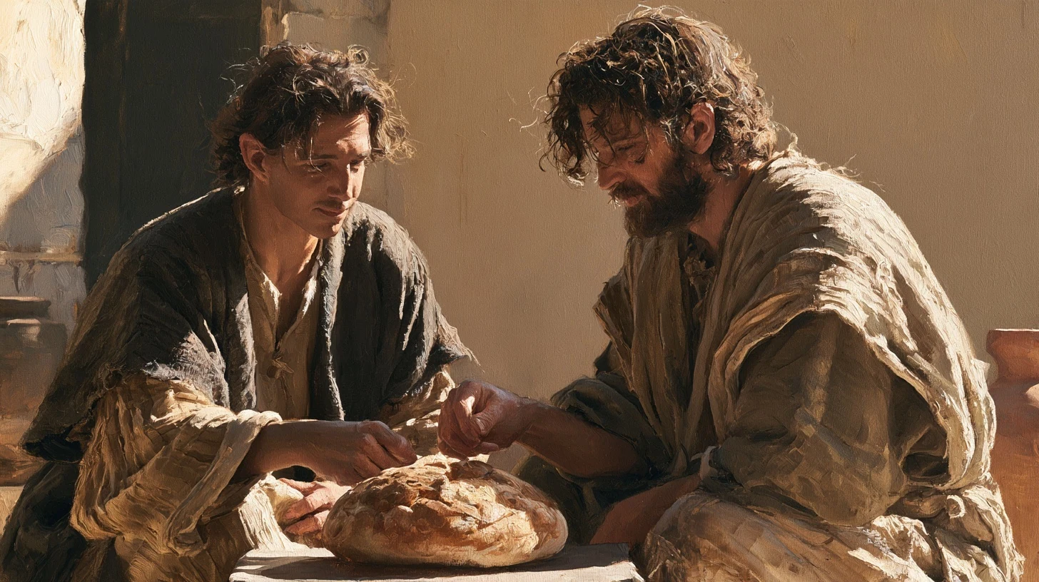 An imagined historical scene of two men sharing bread in a courtyard.