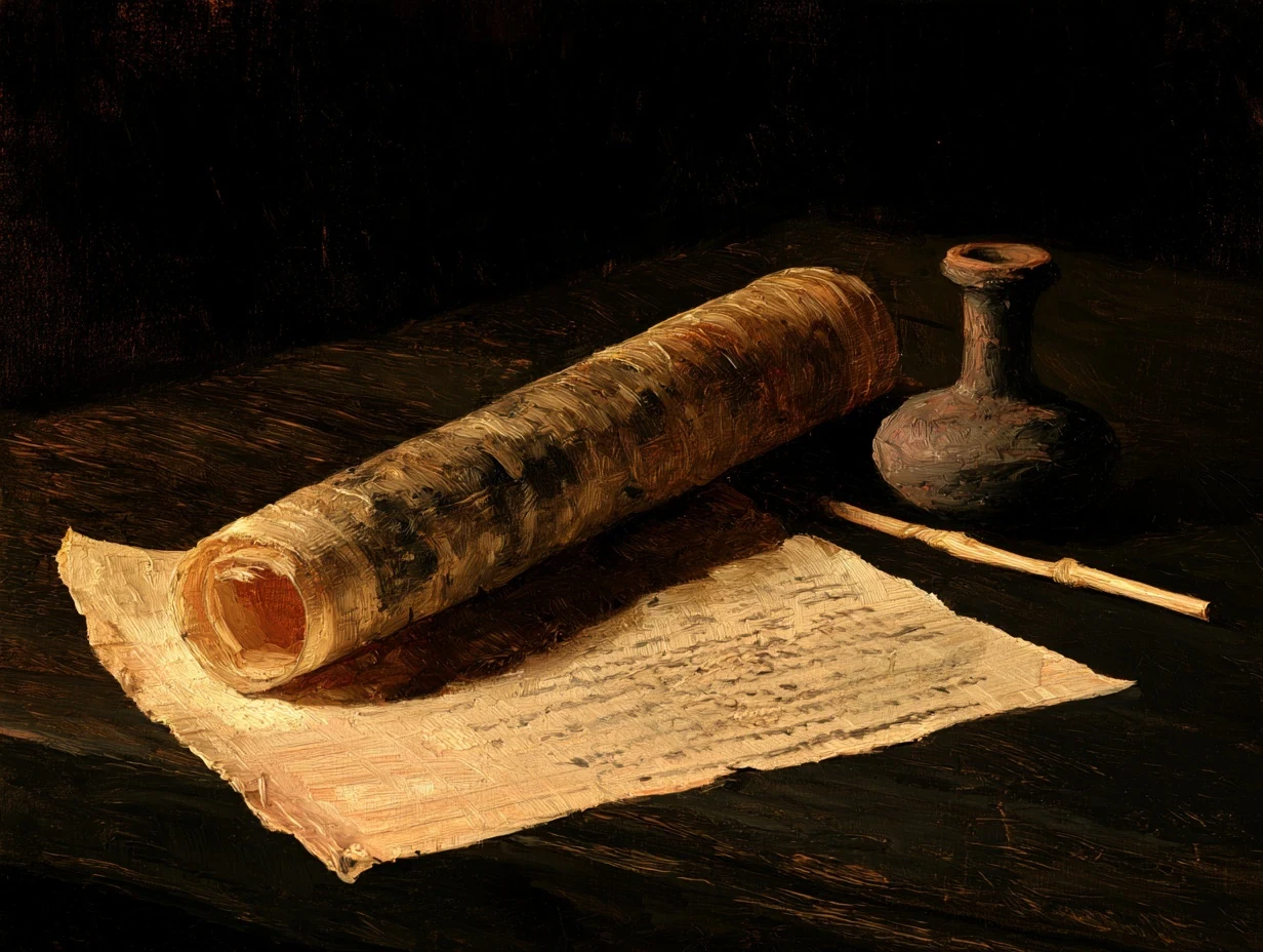 A painted scroll, written page and small vessel on a dark wooden table.