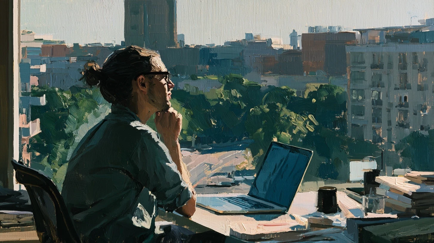 A man pauses at his laptop beside a window overlooking the city.