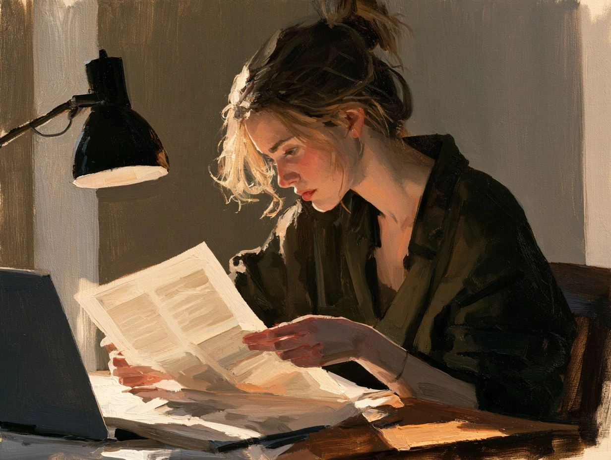 An editor reading paper proofs beside a desk lamp and a laptop.