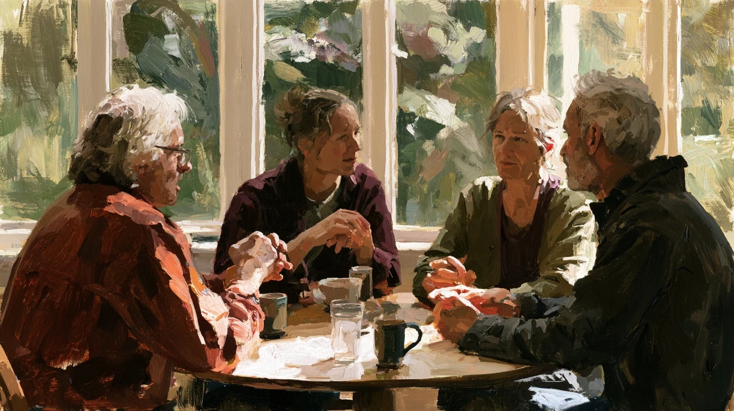 Four people in conversation around a table beside garden windows.