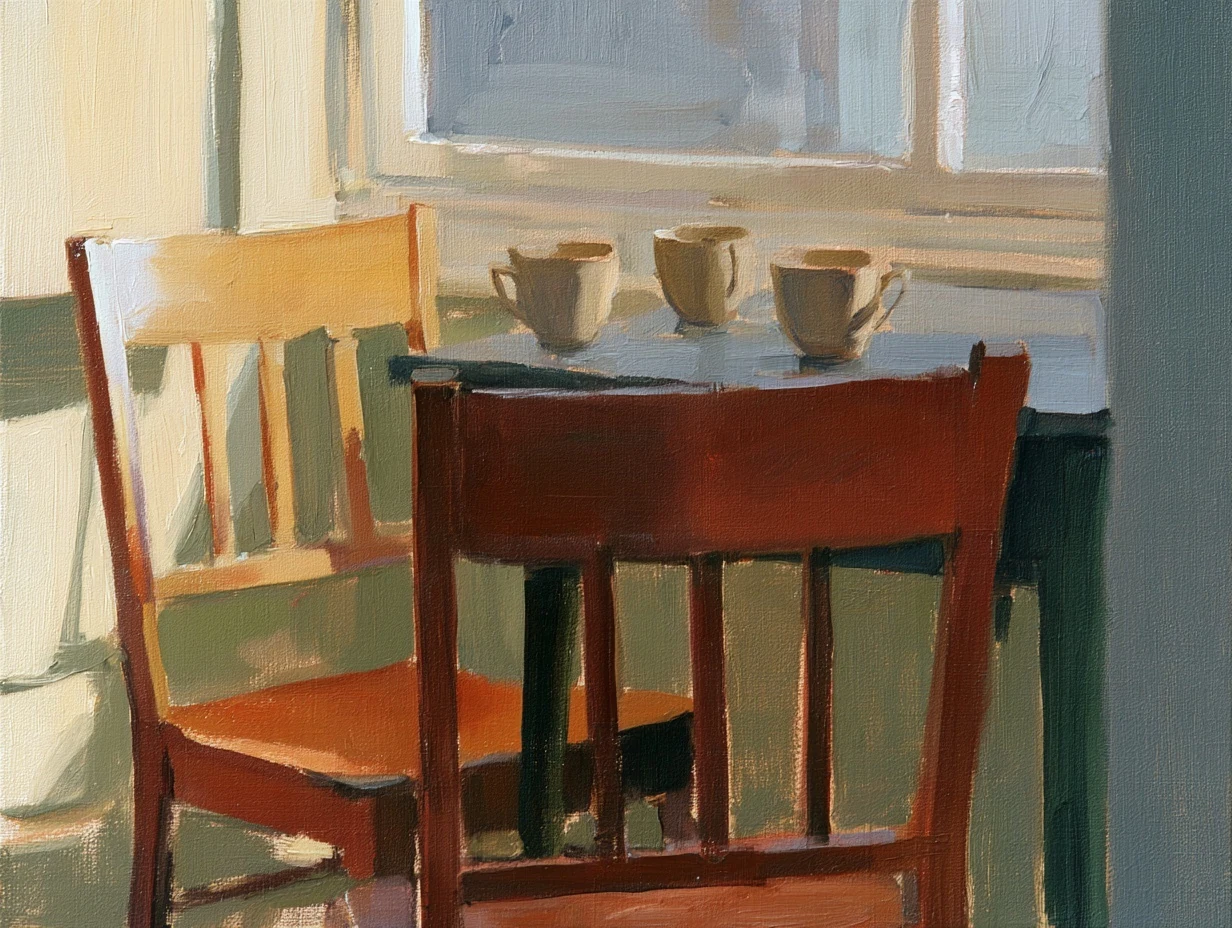Empty chairs around a small table set with cups.